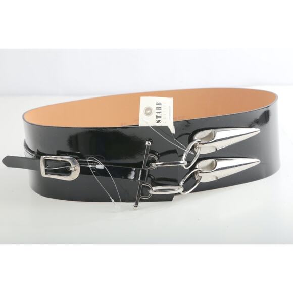 Vintage Set of 2 Black Patent Leather Wide Belts Silver Studded Chain Punk M 85 - Picture 7 of 16